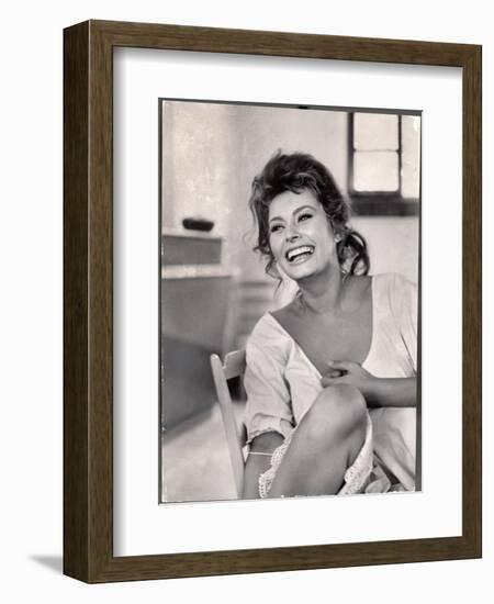 Actress Sophia Loren Laughing While Exchanging Jokes During Lunch Break on Madame Movie Set-Alfred Eisenstaedt-Framed Photographic Print