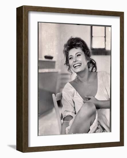 Actress Sophia Loren Laughing While Exchanging Jokes During Lunch Break on Madame Movie Set-Alfred Eisenstaedt-Framed Photographic Print