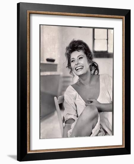 Actress Sophia Loren Laughing While Exchanging Jokes During Lunch Break on Madame Movie Set-Alfred Eisenstaedt-Framed Photographic Print