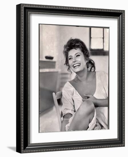 Actress Sophia Loren Laughing While Exchanging Jokes During Lunch Break on Madame Movie Set-Alfred Eisenstaedt-Framed Photographic Print