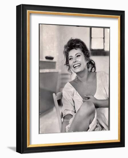 Actress Sophia Loren Laughing While Exchanging Jokes During Lunch Break on Madame Movie Set-Alfred Eisenstaedt-Framed Photographic Print