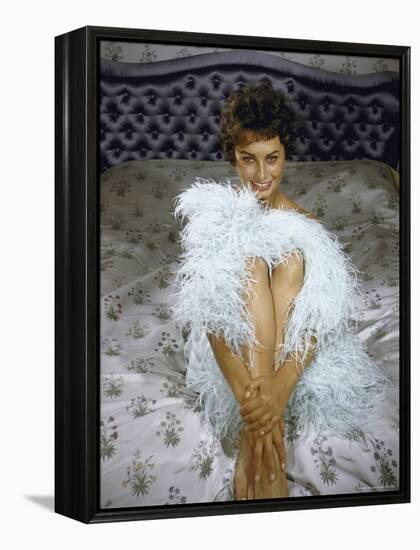 Actress Sophia Loren Wearing Feather Boa Posing in Her Bedroom-Loomis Dean-Framed Premier Image Canvas