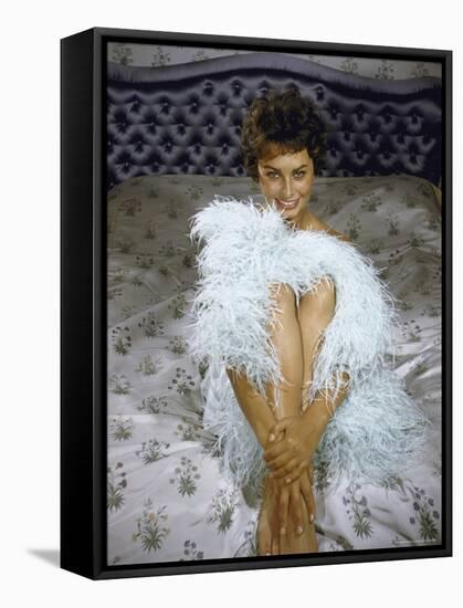 Actress Sophia Loren Wearing Feather Boa Posing in Her Bedroom-Loomis Dean-Framed Premier Image Canvas