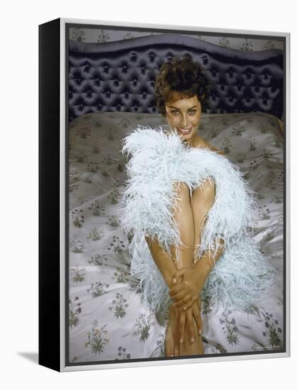 Actress Sophia Loren Wearing Feather Boa Posing in Her Bedroom-Loomis Dean-Framed Premier Image Canvas