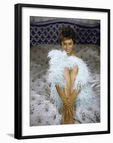 Actress Sophia Loren Wearing Feather Boa Posing in Her Bedroom-Loomis Dean-Framed Premium Photographic Print