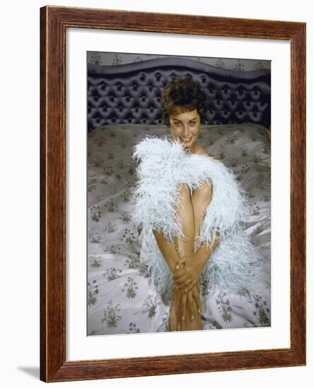 Actress Sophia Loren Wearing Feather Boa Posing in Her Bedroom-Loomis Dean-Framed Premium Photographic Print