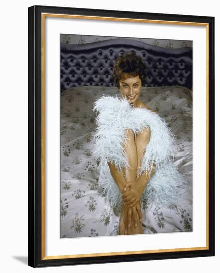 Actress Sophia Loren Wearing Feather Boa Posing in Her Bedroom-Loomis Dean-Framed Premium Photographic Print