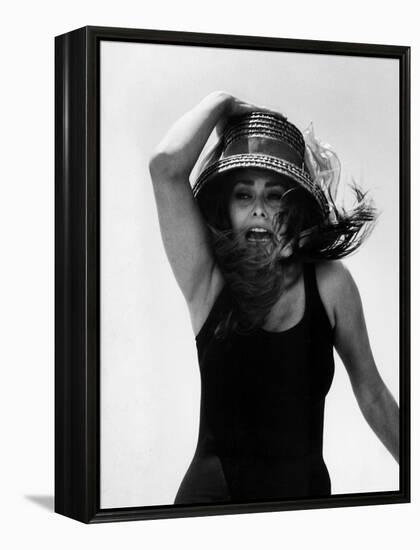 Actress Sophia Loren Yelling as She Hangs Onto Her Hat While Fighting on a Speed Boat-Alfred Eisenstaedt-Framed Premier Image Canvas