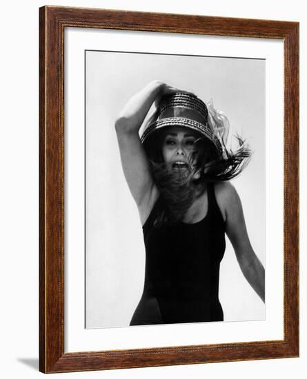 Actress Sophia Loren Yelling as She Hangs Onto Her Hat While Fighting on a Speed Boat-Alfred Eisenstaedt-Framed Premium Photographic Print