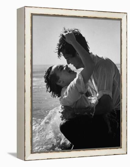 Actress Terry Moore Hugging Actor Robert Wagner on the Beach-George Silk-Framed Premier Image Canvas