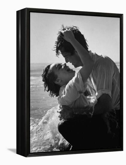 Actress Terry Moore Hugging Actor Robert Wagner on the Beach-George Silk-Framed Premier Image Canvas