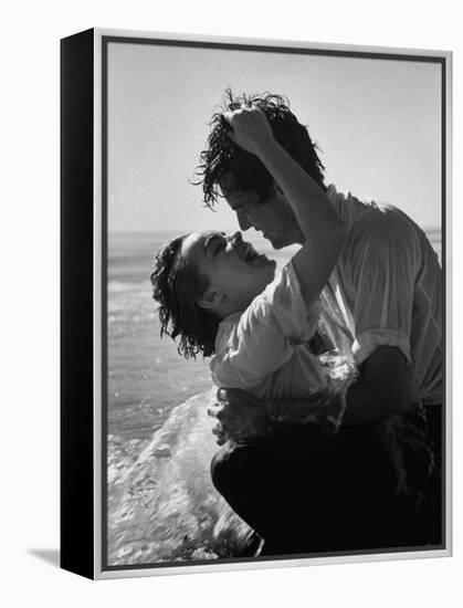 Actress Terry Moore Hugging Actor Robert Wagner on the Beach-George Silk-Framed Premier Image Canvas