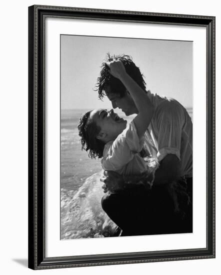 Actress Terry Moore Hugging Actor Robert Wagner on the Beach-George Silk-Framed Premium Photographic Print