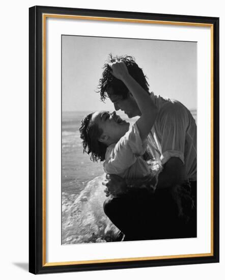 Actress Terry Moore Hugging Actor Robert Wagner on the Beach-George Silk-Framed Premium Photographic Print