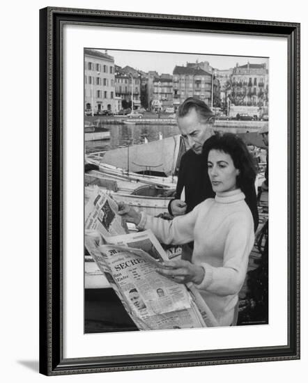 Actress Yvonne Mitchell and Husband Derek Monsey, Reading London Paper During Visit to Cannes-Loomis Dean-Framed Premium Photographic Print