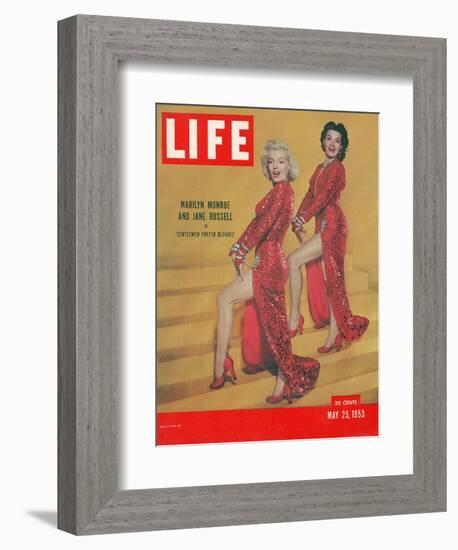 Actresses Marilyn Monroe and Jane Russell in Scene from "Gentlemen Prefer Blondes", May 25, 1953-Ed Clark-Framed Photographic Print