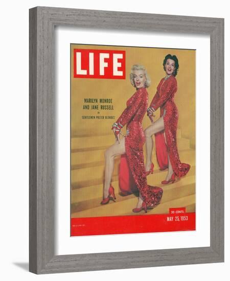 Actresses Marilyn Monroe and Jane Russell in Scene from "Gentlemen Prefer Blondes", May 25, 1953-Ed Clark-Framed Photographic Print