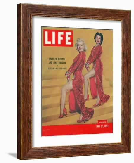 Actresses Marilyn Monroe and Jane Russell in Scene from "Gentlemen Prefer Blondes", May 25, 1953-Ed Clark-Framed Photographic Print