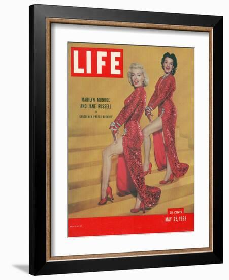 Actresses Marilyn Monroe and Jane Russell in Scene from "Gentlemen Prefer Blondes", May 25, 1953-Ed Clark-Framed Photographic Print