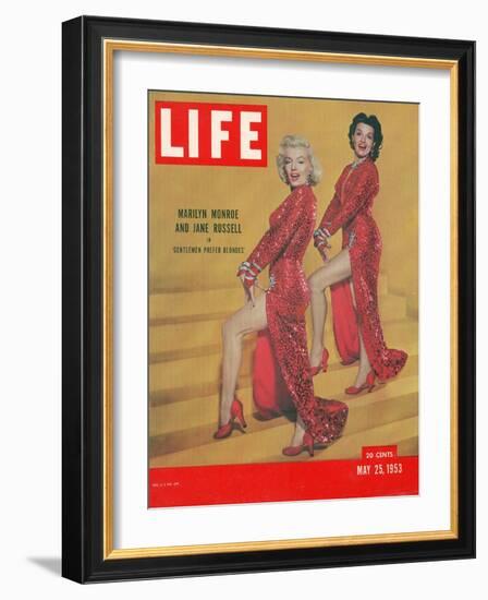 Actresses Marilyn Monroe and Jane Russell in Scene from "Gentlemen Prefer Blondes", May 25, 1953-Ed Clark-Framed Photographic Print