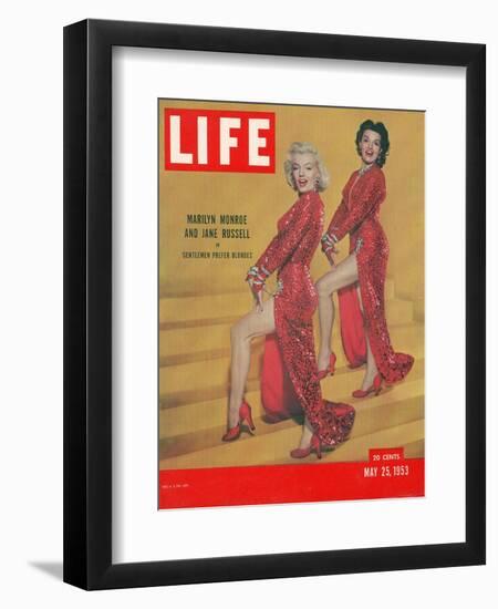 Actresses Marilyn Monroe and Jane Russell in Scene from "Gentlemen Prefer Blondes", May 25, 1953-Ed Clark-Framed Photographic Print