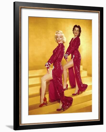 Actresses Marilyn Monroe and Jane Russell Wearing Gowns Designed by Travilla Pose for Publicity-Ed Clark-Framed Premium Photographic Print