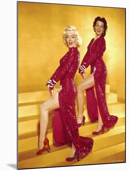 Actresses Marilyn Monroe and Jane Russell Wearing Gowns Designed by Travilla Pose for Publicity-Ed Clark-Mounted Premium Photographic Print