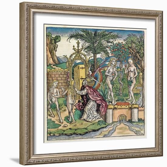 Adam and Eve Being Banished from Eden, Published in the Nuremberg Chronicle, 1493-null-Framed Giclee Print