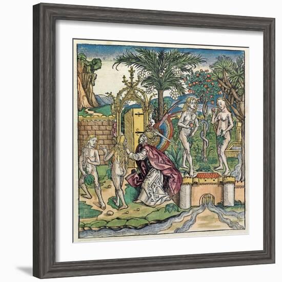 Adam and Eve Being Banished from Eden, Published in the Nuremberg Chronicle, 1493-null-Framed Giclee Print