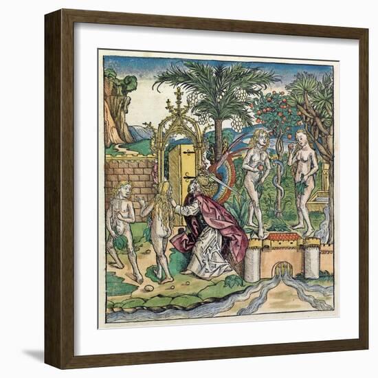 Adam and Eve Being Banished from Eden, Published in the Nuremberg Chronicle, 1493-null-Framed Giclee Print