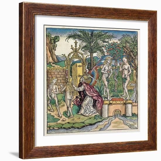 Adam and Eve Being Banished from Eden, Published in the Nuremberg Chronicle, 1493-null-Framed Giclee Print