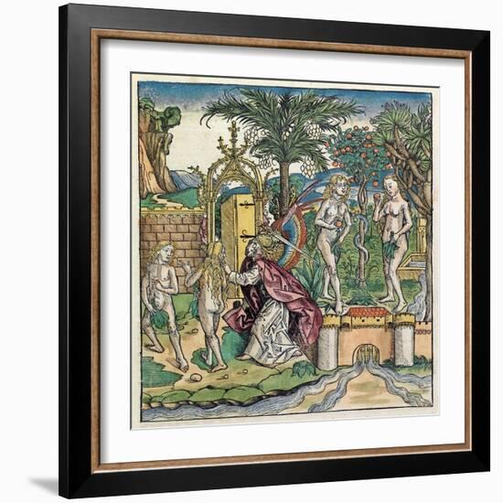 Adam and Eve Being Banished from Eden, Published in the Nuremberg Chronicle, 1493-null-Framed Giclee Print