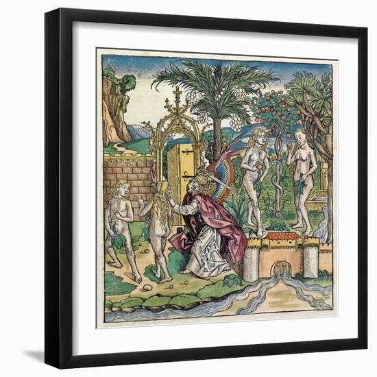 Adam and Eve Being Banished from Eden, Published in the Nuremberg Chronicle, 1493-null-Framed Giclee Print