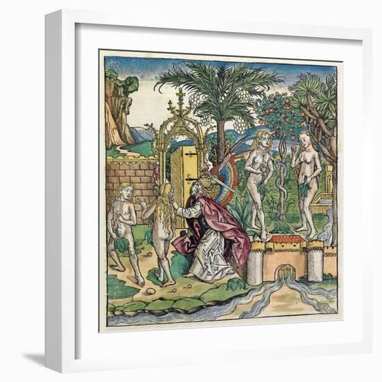 Adam and Eve Being Banished from Eden, Published in the Nuremberg Chronicle, 1493-null-Framed Giclee Print