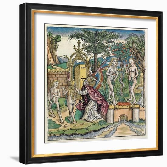 Adam and Eve Being Banished from Eden, Published in the Nuremberg Chronicle, 1493-null-Framed Giclee Print