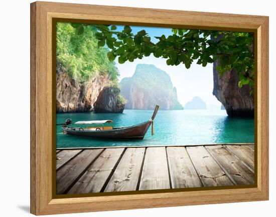 Adaman Sea and Wooden Boat in Thailand-Iakov Kalinin-Framed Premier Image Canvas