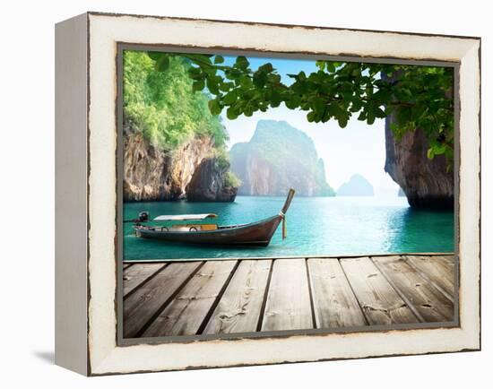 Adaman Sea and Wooden Boat in Thailand-Iakov Kalinin-Framed Premier Image Canvas