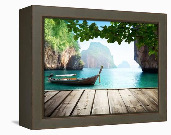 Adaman Sea and Wooden Boat in Thailand-Iakov Kalinin-Framed Premier Image Canvas