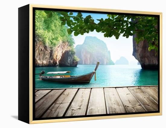 Adaman Sea and Wooden Boat in Thailand-Iakov Kalinin-Framed Premier Image Canvas