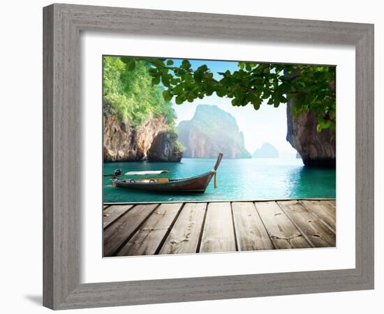 Adaman Sea and Wooden Boat in Thailand-Iakov Kalinin-Framed Photographic Print