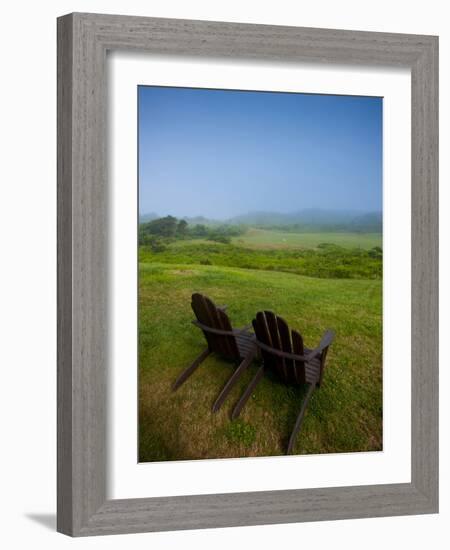 Adirondack Chairs on Lawn at Martha's Vineyard with Fog over Trees in the Distant View-James Shive-Framed Photographic Print