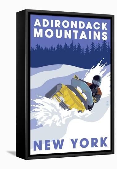 Adirondack Mountains, New York - Snowmobile Scene-Lantern Press-Framed Stretched Canvas