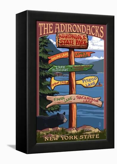 Adirondack, New York - Indian Lake Signpost Destinations-Lantern Press-Framed Stretched Canvas