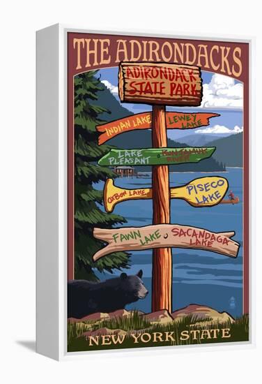 Adirondack, New York - Indian Lake Signpost Destinations-Lantern Press-Framed Stretched Canvas