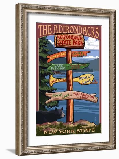 Adirondack, New York - Indian Lake Signpost Destinations-Lantern Press-Framed Art Print