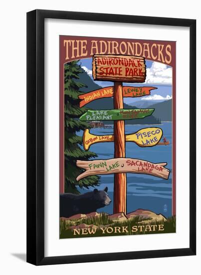 Adirondack, New York - Indian Lake Signpost Destinations-Lantern Press-Framed Art Print