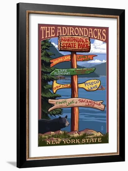 Adirondack, New York - Indian Lake Signpost Destinations-Lantern Press-Framed Art Print