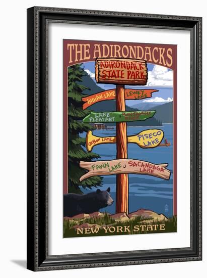 Adirondack, New York - Indian Lake Signpost Destinations-Lantern Press-Framed Art Print