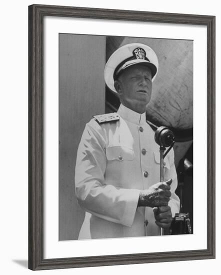 Adm. Chester with Nimitz of the US Navy Giving a Speech to British Officers and Men-null-Framed Photographic Print