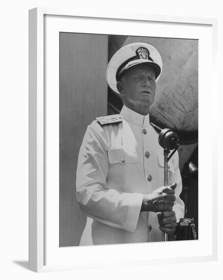 Adm. Chester with Nimitz of the US Navy Giving a Speech to British Officers and Men-null-Framed Photographic Print